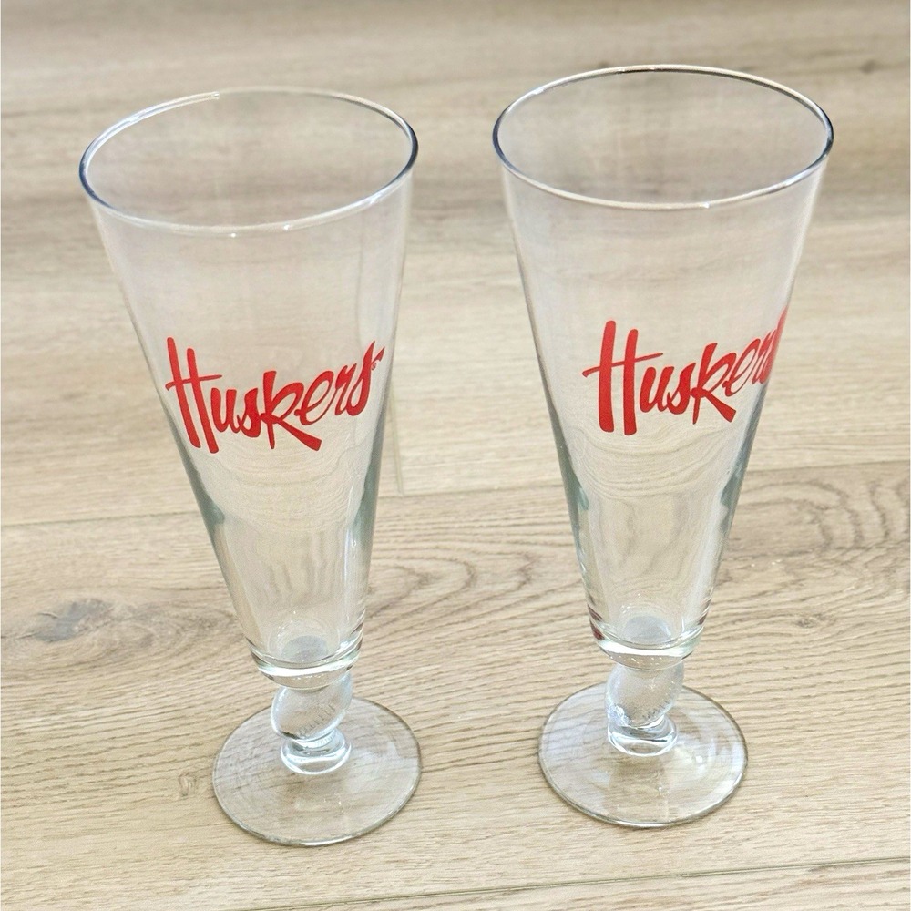 Vintage Nebraska Huskers Footed Pilsner Beer Glasses Football Stem Set of 2
